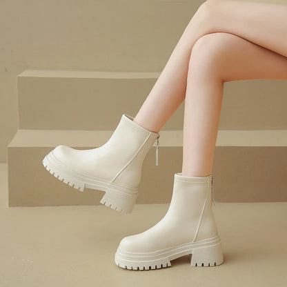 Women White Boots New Fashion Mid Top Boots with Cotton Insulation Chelsea Zipper Botas Mujer Shoes Sport Thick Soled Flat Boots