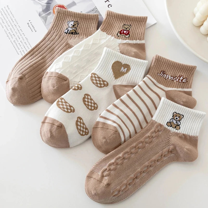 5 Pairs/Lot Socks Women's Short  Ankle Low Cut No-Show Foot Cute Bear Hearts Print  School Cotton  Breathable Set Casual Retro