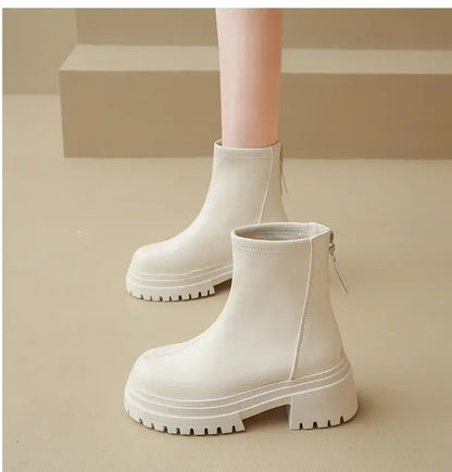 Women White Boots New Fashion Mid Top Boots with Cotton Insulation Chelsea Zipper Botas Mujer Shoes Sport Thick Soled Flat Boots