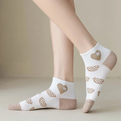 5 Pairs/Lot Socks Women's Short  Ankle Low Cut No-Show Foot Cute Bear Hearts Print  School Cotton  Breathable Set Casual Retro