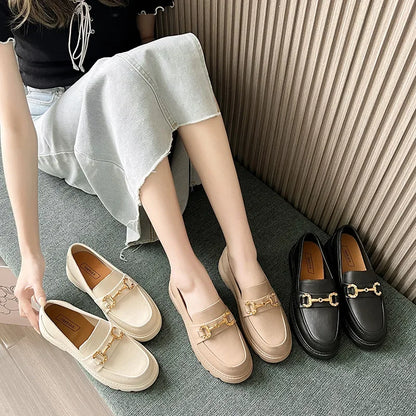 New Lefu Slippers Summer Spring Women's Home Anti-slip Vintage British Style Net Red Vintage Small Golden Buckle Head Shoes