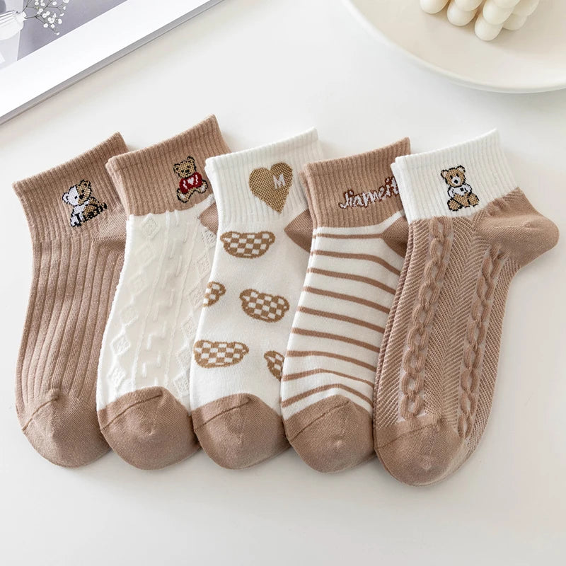 5 Pairs/Lot Socks Women's Short  Ankle Low Cut No-Show Foot Cute Bear Hearts Print  School Cotton  Breathable Set Casual Retro