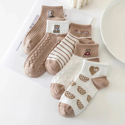 5 Pairs/Lot Socks Women's Short  Ankle Low Cut No-Show Foot Cute Bear Hearts Print  School Cotton  Breathable Set Casual Retro