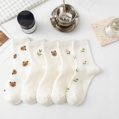 5 Pairs Of Summer Women's Pure Cotton Socks White Cartoon Teddy Bear Embroidered Medium Tube Socks Kawaii Women's Socks