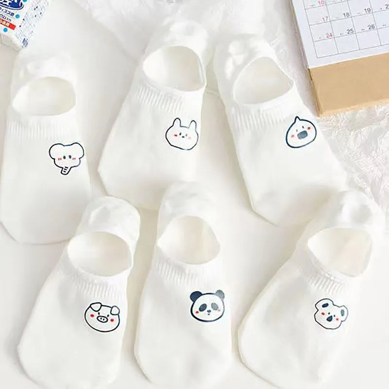 Cute white ankle socks featuring cartoon animal faces including panda, rabbit, and pig