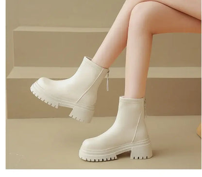 Women White Boots New Fashion Mid Top Boots with Cotton Insulation Chelsea Zipper Botas Mujer Shoes Sport Thick Soled Flat Boots