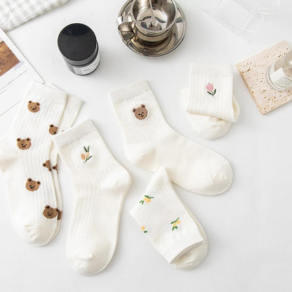 5 Pairs Of Summer Women's Pure Cotton Socks White Cartoon Teddy Bear Embroidered Medium Tube Socks Kawaii Women's Socks