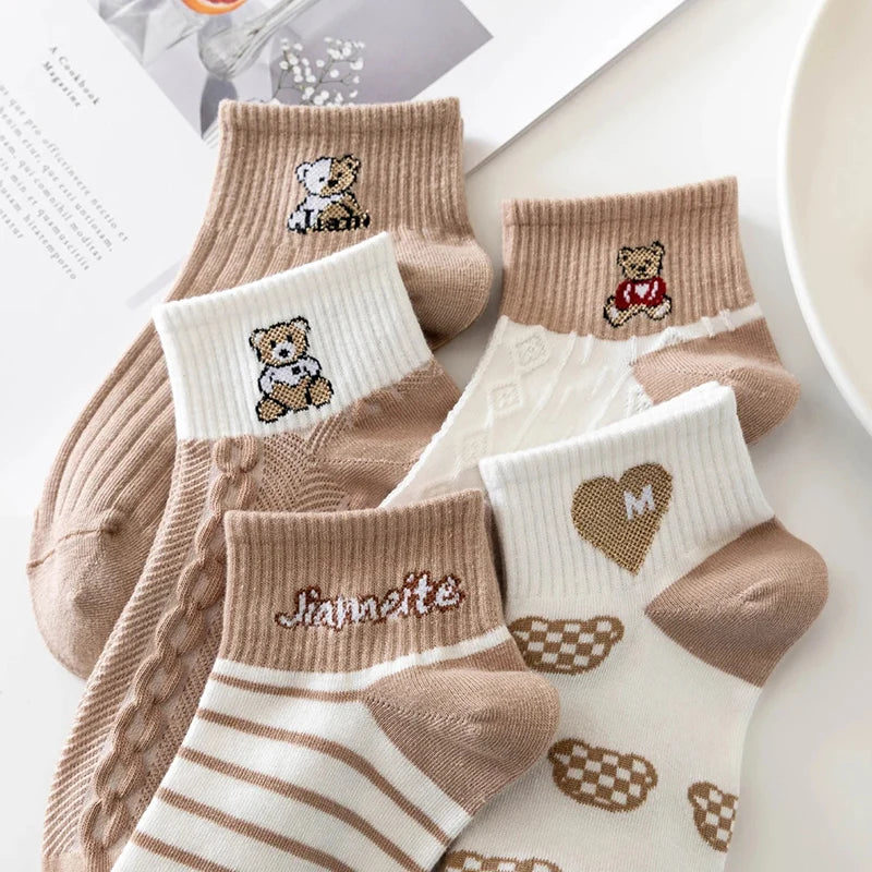 5 Pairs/Lot Socks Women's Short  Ankle Low Cut No-Show Foot Cute Bear Hearts Print  School Cotton  Breathable Set Casual Retro