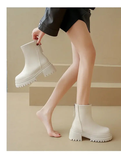 Women White Boots New Fashion Mid Top Boots with Cotton Insulation Chelsea Zipper Botas Mujer Shoes Sport Thick Soled Flat Boots