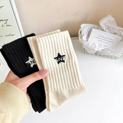 5 Pairs Of Women's Black And White Striped Socks Set Minimalist Style Embroidered Pentagram Women's Sports Socks Cotton Socks