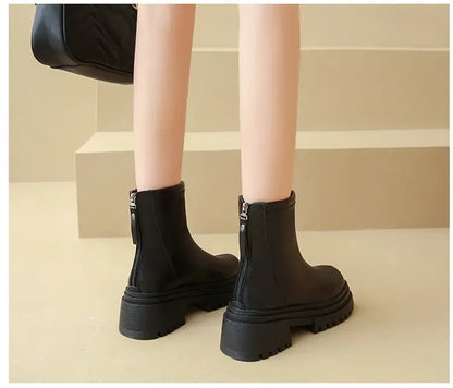 Women White Boots New Fashion Mid Top Boots with Cotton Insulation Chelsea Zipper Botas Mujer Shoes Sport Thick Soled Flat Boots