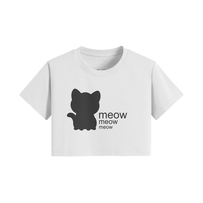 White cat crop top featuring a black silhouette of a cat with the text "meow meow meow" printed beside it.