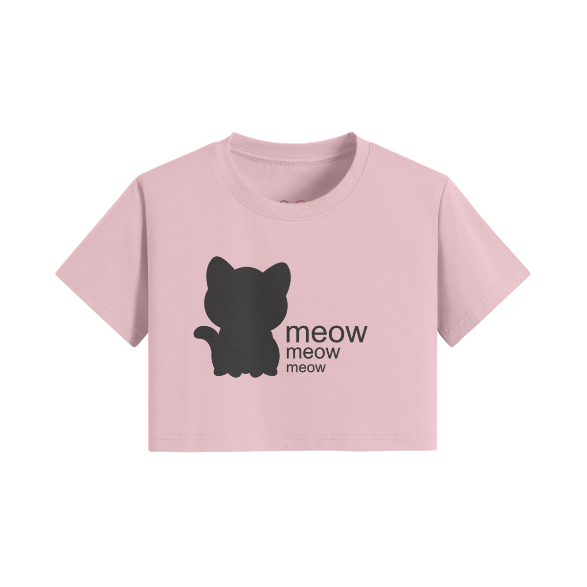 Pink cat crop top featuring a black silhouette of a cat with the text "meow meow meow" printed beside it.