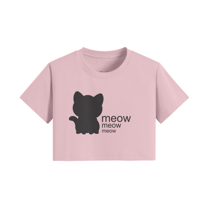 Pink cat crop top featuring a black silhouette of a cat with the text "meow meow meow" printed beside it.