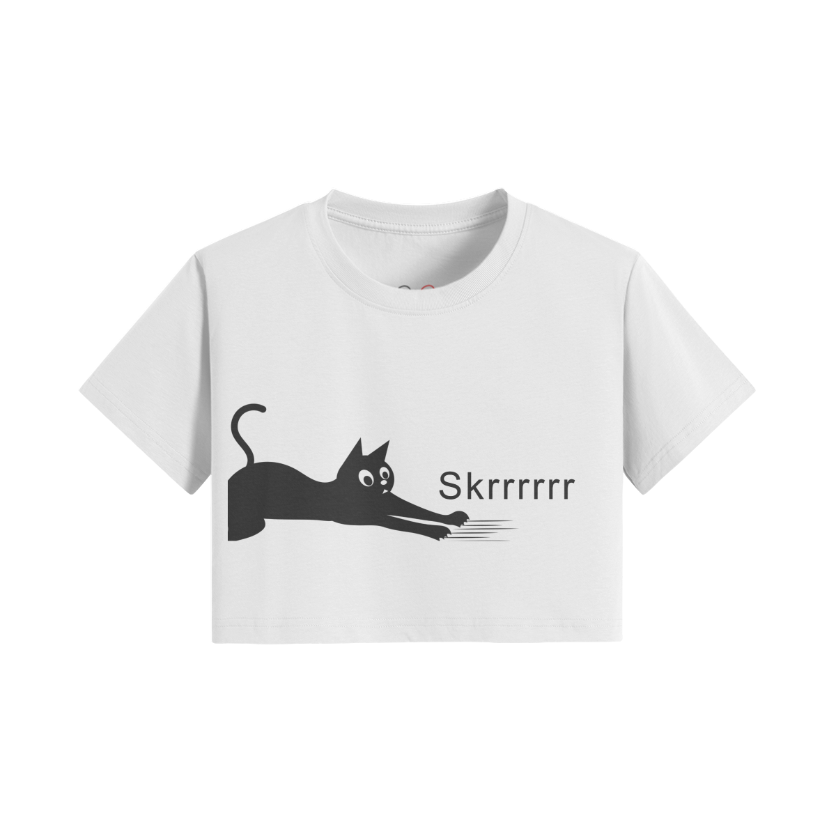 White crop t-shirt featuring a black cat skidding with "Skrrrrrr" text.