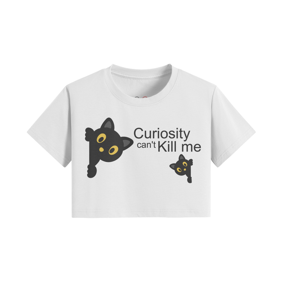 White crop t-shirt with "Curiosity Can't Kill Me" text and two black cats peeking.