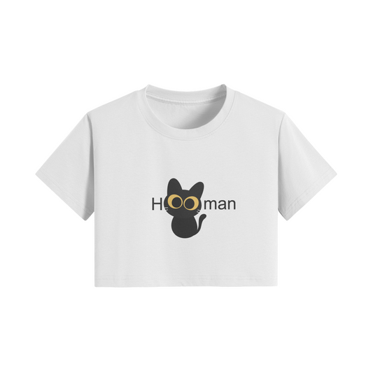 White crop t-shirt with "Hooman" black cat graphic and big yellow eyes