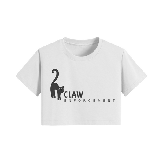 White crop t-shirt with "Claw Enforcement" black cat graphic design.